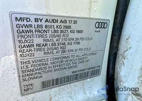 2021 Audi Sq8 Prestige z USA, uszkodzony, nr VIN WA1CWBF1XMD021700